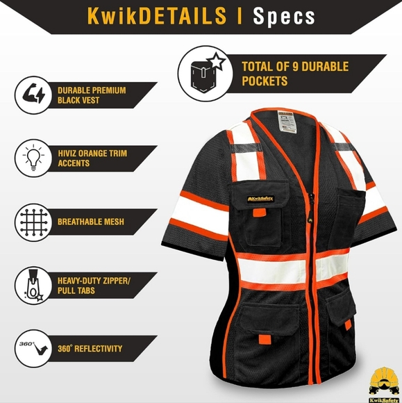 KwikSafety Women's High Vis Black/Orange Safety Vest Short Sleeve - Picture 5 of 6